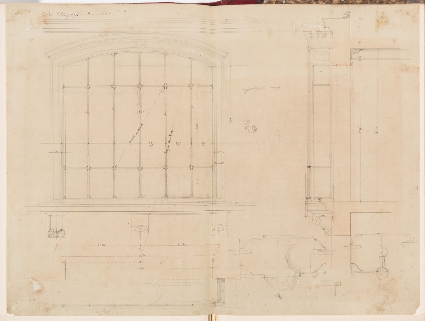 Elevation, plan, section and sketches for joinery details for the centre window on the first floor of the courtyard façade, Hôtel Soltykoff