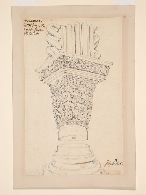 Details of the base, capital and entablature of a Corinthian column from the south porch, Palermo Cathedral, Italy