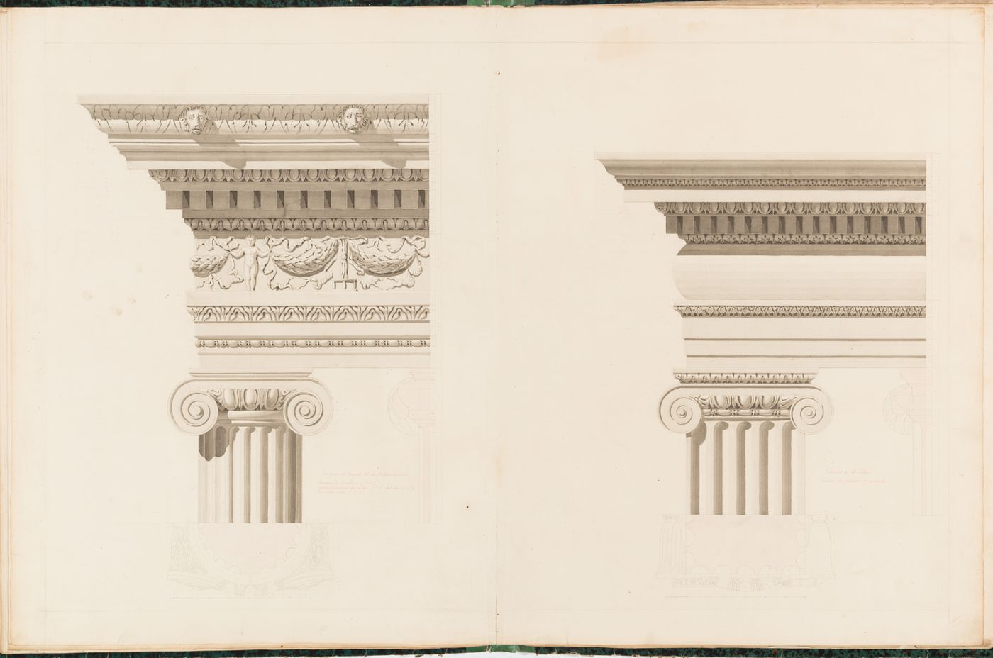 Elevations of shafts, capitals, and entablatures from two Ionic buildings, with plan and section details of the shafts and capitals: Temple of Fortuna Virilis and the Terme di Diocleziano, Rome
