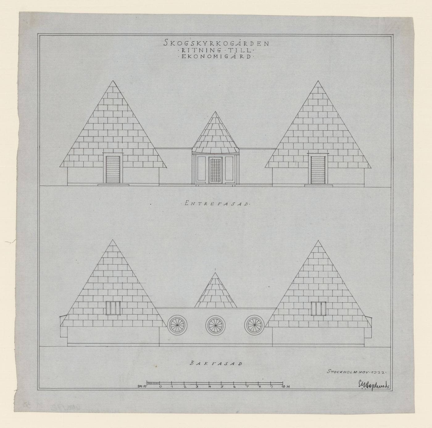 Entrance and rear elevations for the Service Building, Woodland Cemetery, Stockholm