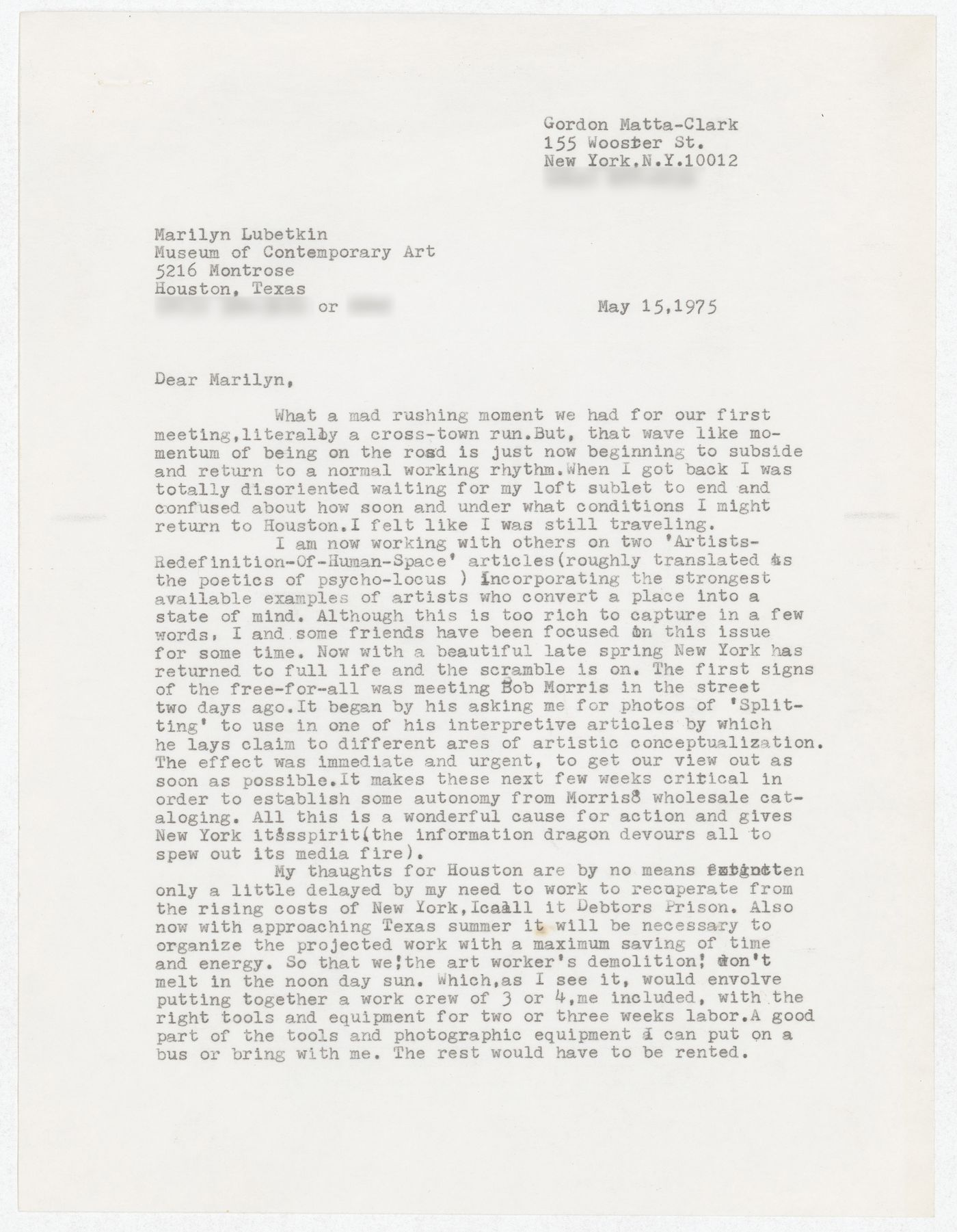 Letter from Gordon Matta-Clark to Marilyn Lubetkin