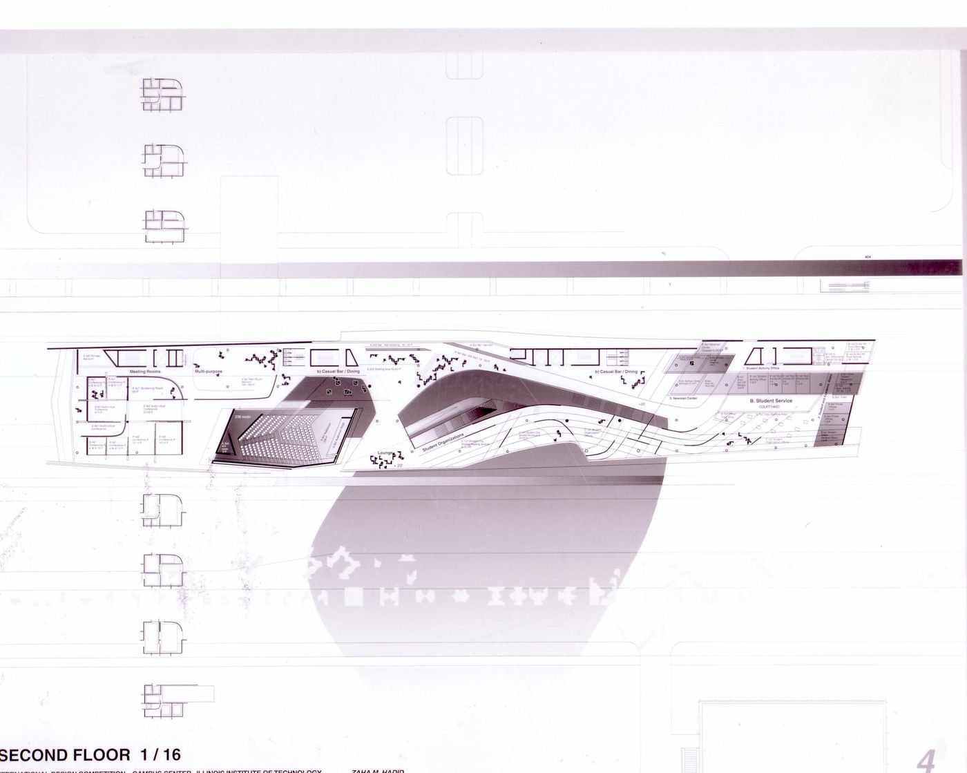 Second floor plan, submission to the Richard H. Driehaus Foundation International Design Competition for a new campus center (1997-98), Illinois Institute of Technology, Chicago, Illinois