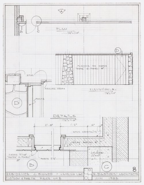 Plan, élévation et détails d'une cloison et porte pour Résidence Jean Simard, Laval-sur-le-Lac, Québec