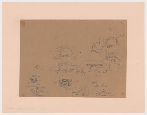 Sketch perspectives for the prinicipal façade, sketch plan, and sketch section for the Congress Hall Complex, The Hague, Netherlands