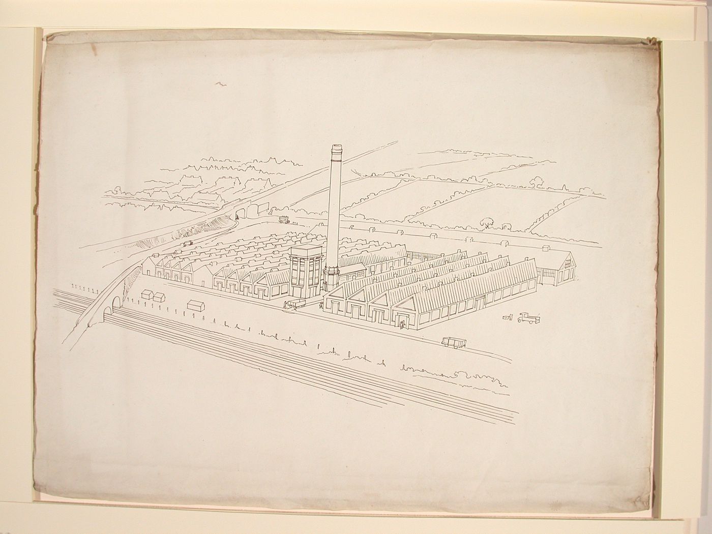 Perspectival view showing a factory complex in England