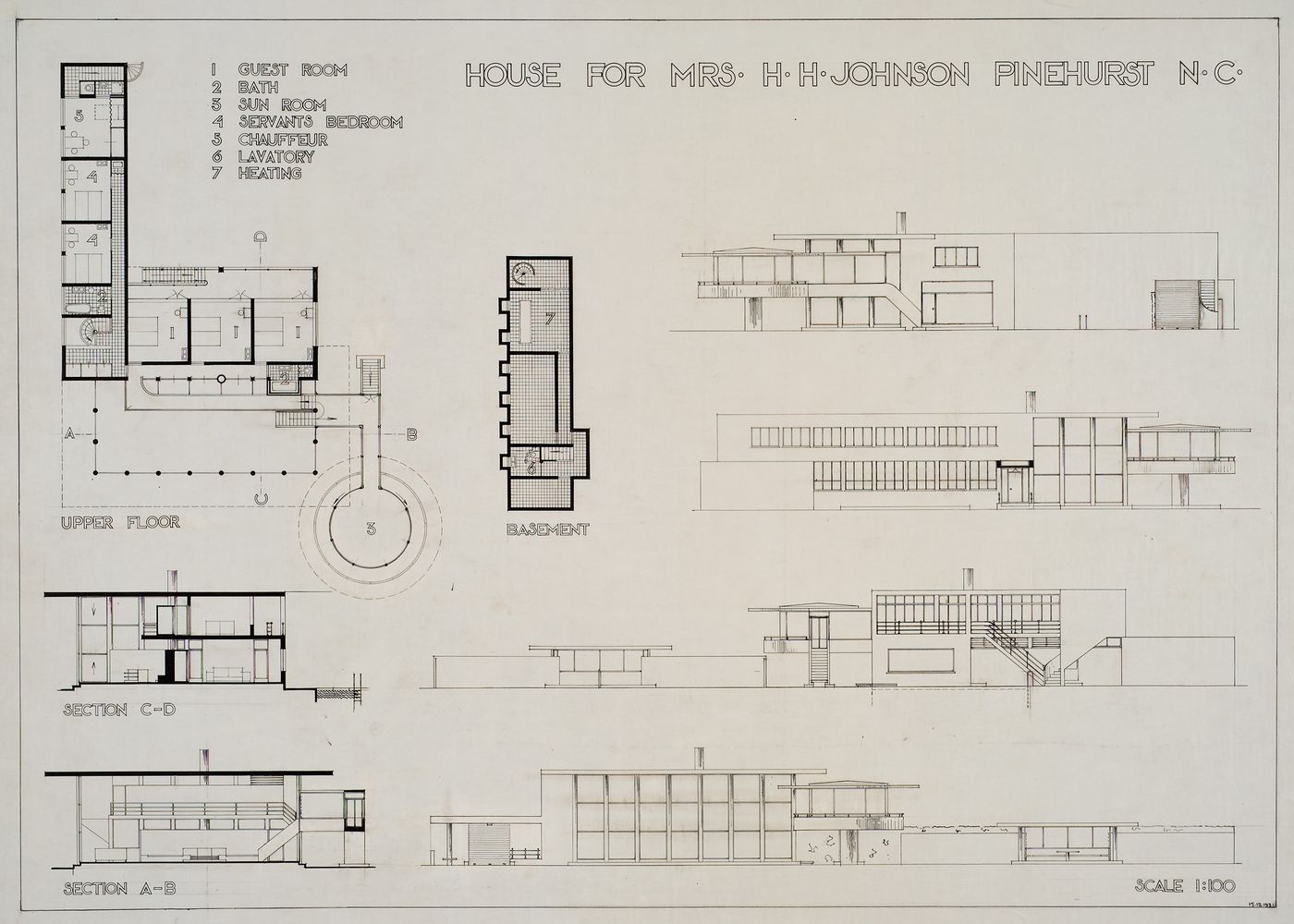 Plans, sections, and elevations for Johnson House, Pinehurst, North Carolina