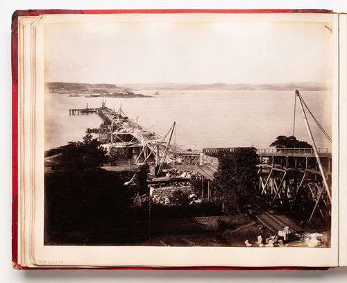 View of a building site for the construction of the Forth Bridge, Firth of Forth, Scotland, United Kingdom
