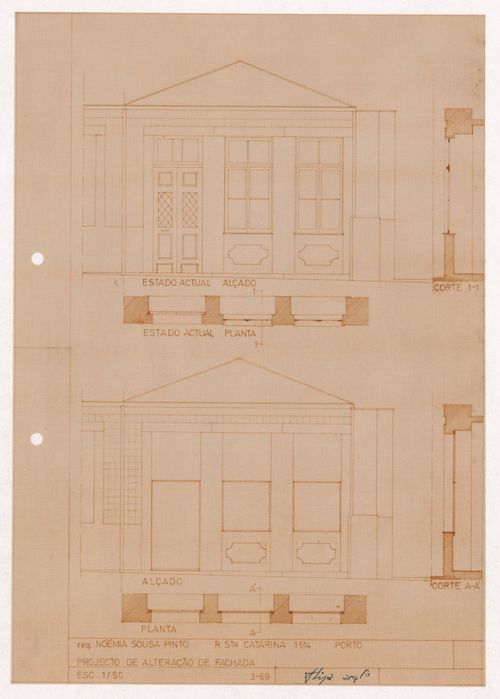 Plans, elevations and sections of the façade for Loja "Mic Mac", Porto, Portugal