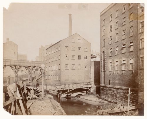 Old foot-bridge over the river Irk, and School Mills, Manchester