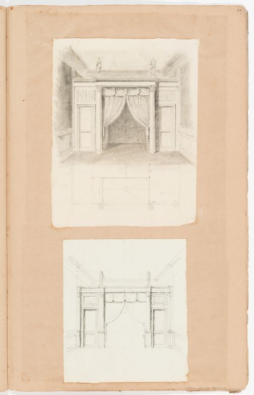 Plan and perspectives for a bed alcove; verso: Elevation of a grille of a portico, Jardin de Frascati, and detail of an entablature