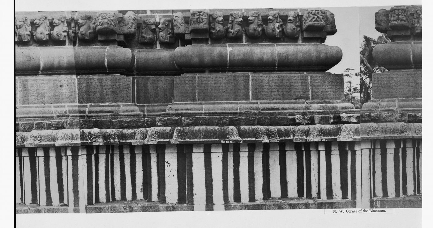 Partial view of the inscription panel at the base of the bimanum [sanctuary], Pirakatisvarar Tirukkoyil (also known as the Brihadisvara or Rajarajesvara Temple), Tanjore (now Thanjuvar), India