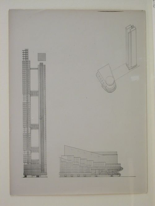 Photograph of elevations and an axonometric drawing for a Building of Congresses, Moscow [?]