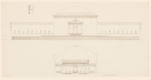 Concours d'émulation, February 1801: Elevations, sections and plan for alternate designs for a Christian basilica and plans of Christian basilicas; Site plan, plan, and elevation for a maison commune; verso: Elevation and section for a sepulchral chapel