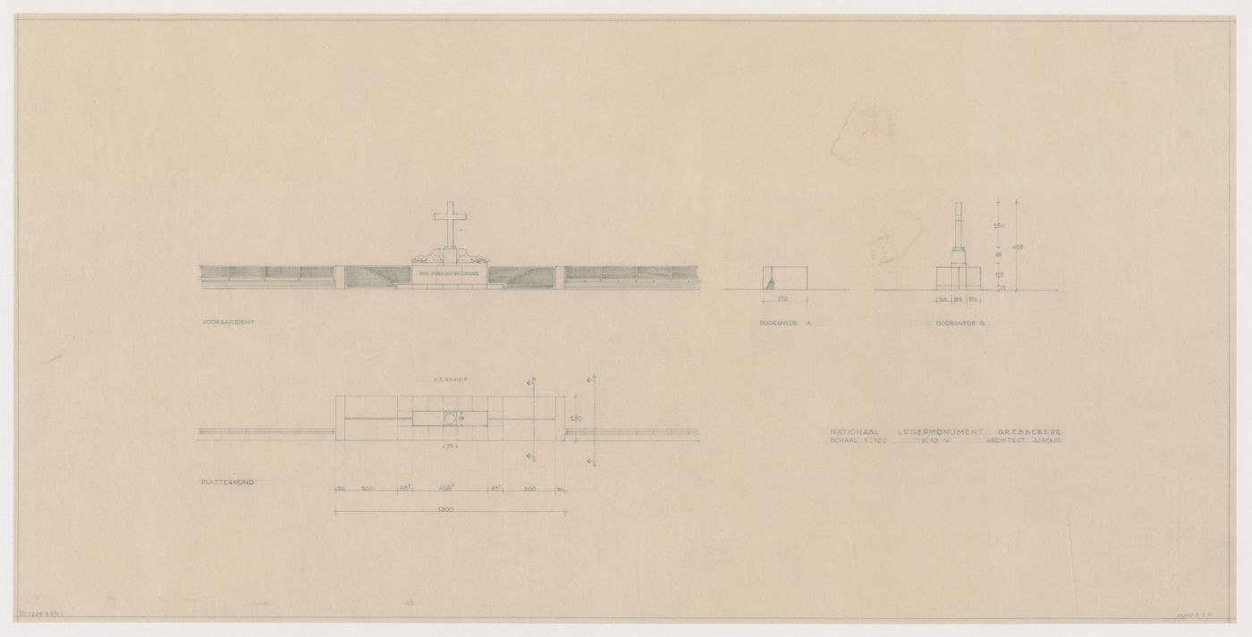 Ground plan, sections, and principal elevation for the Dutch Soldiers' Monument, Rhenen, Netherlands