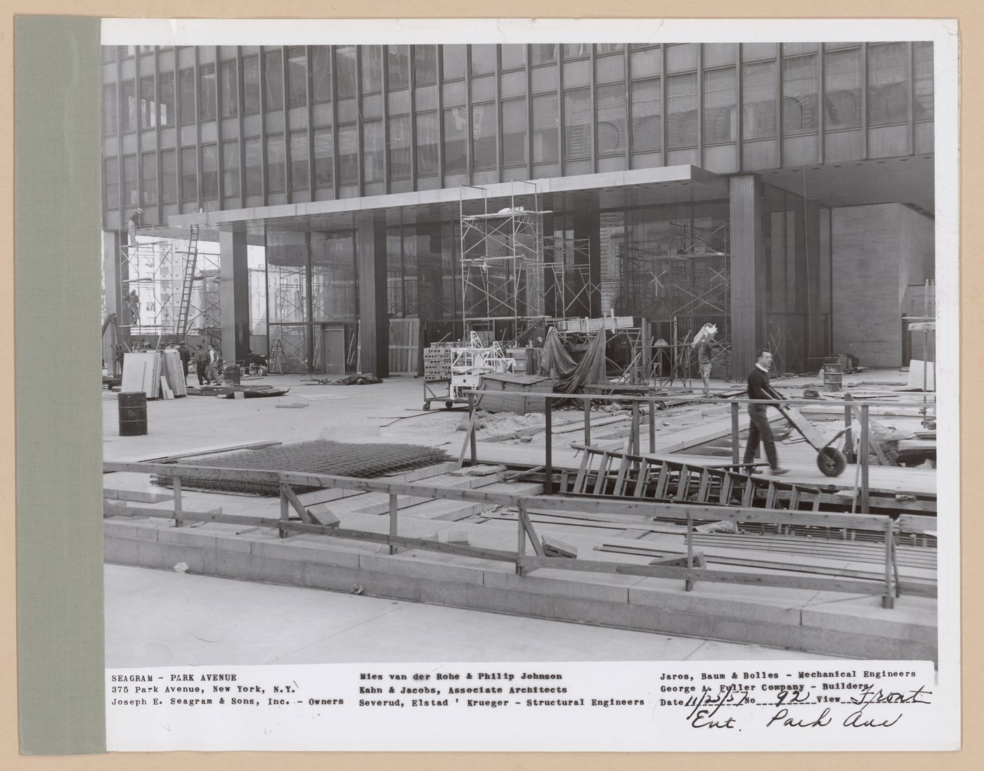 Seagram building under construction, 375 Park avenue, New York, N.Y., front entrance Park avenue