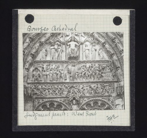 View of Judgment Day panels of west portal of Cathédrale Saint-Etienne de Bourges, Bourges, France