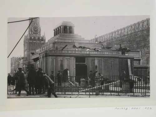 View of the second wooden Lenin Mausoleum during the latter stages of construction with the Spasskaia Tower in the background, Red Square, Moscow