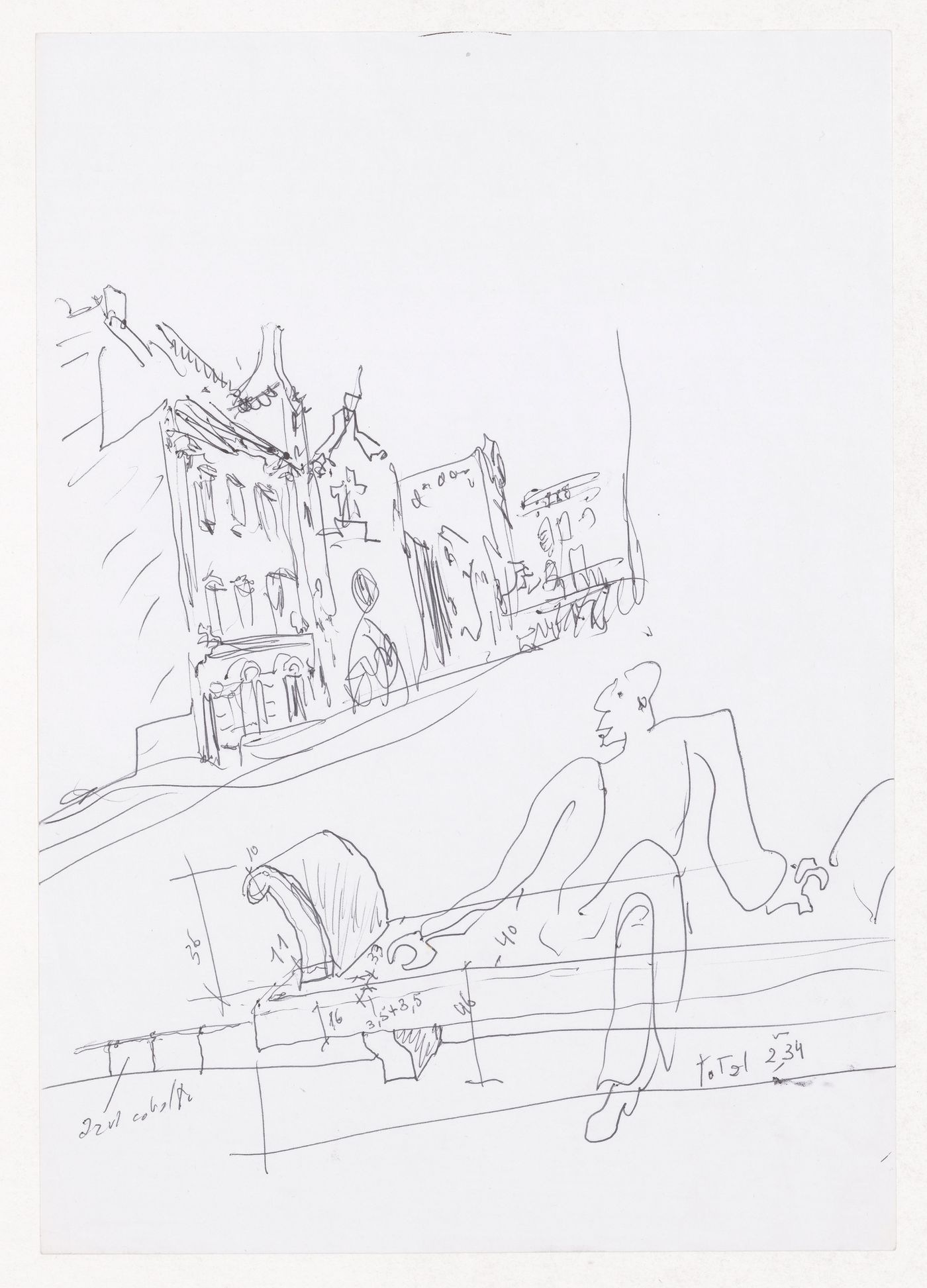 Sketch perspective and bench details for Projecto de Ordenación nel Âmbito del Vapor Turull, Sabadell, Spain