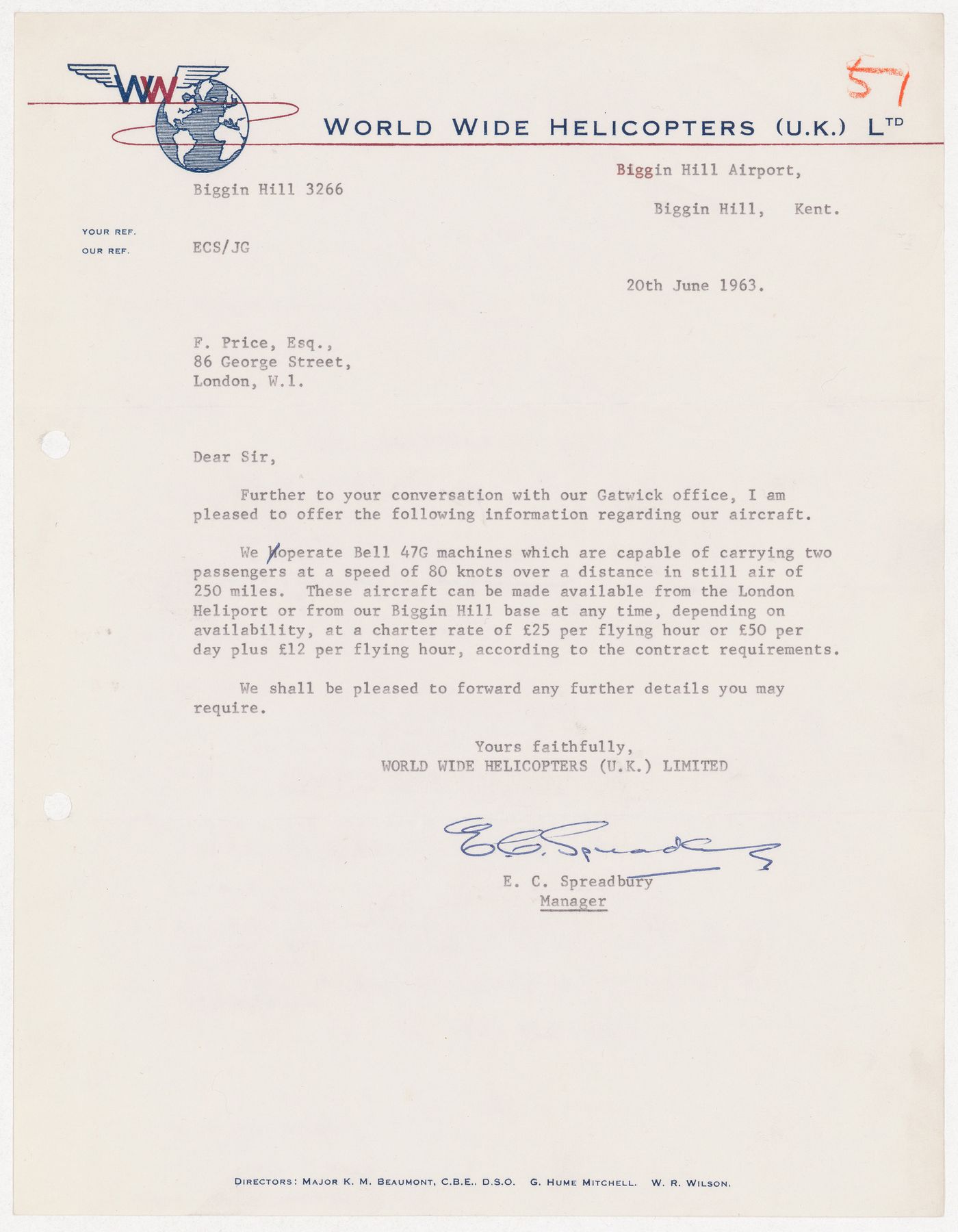 Letter from E.C. Spreadbury of World Wide Helicopters (U.K.) Limited to Cedric Price