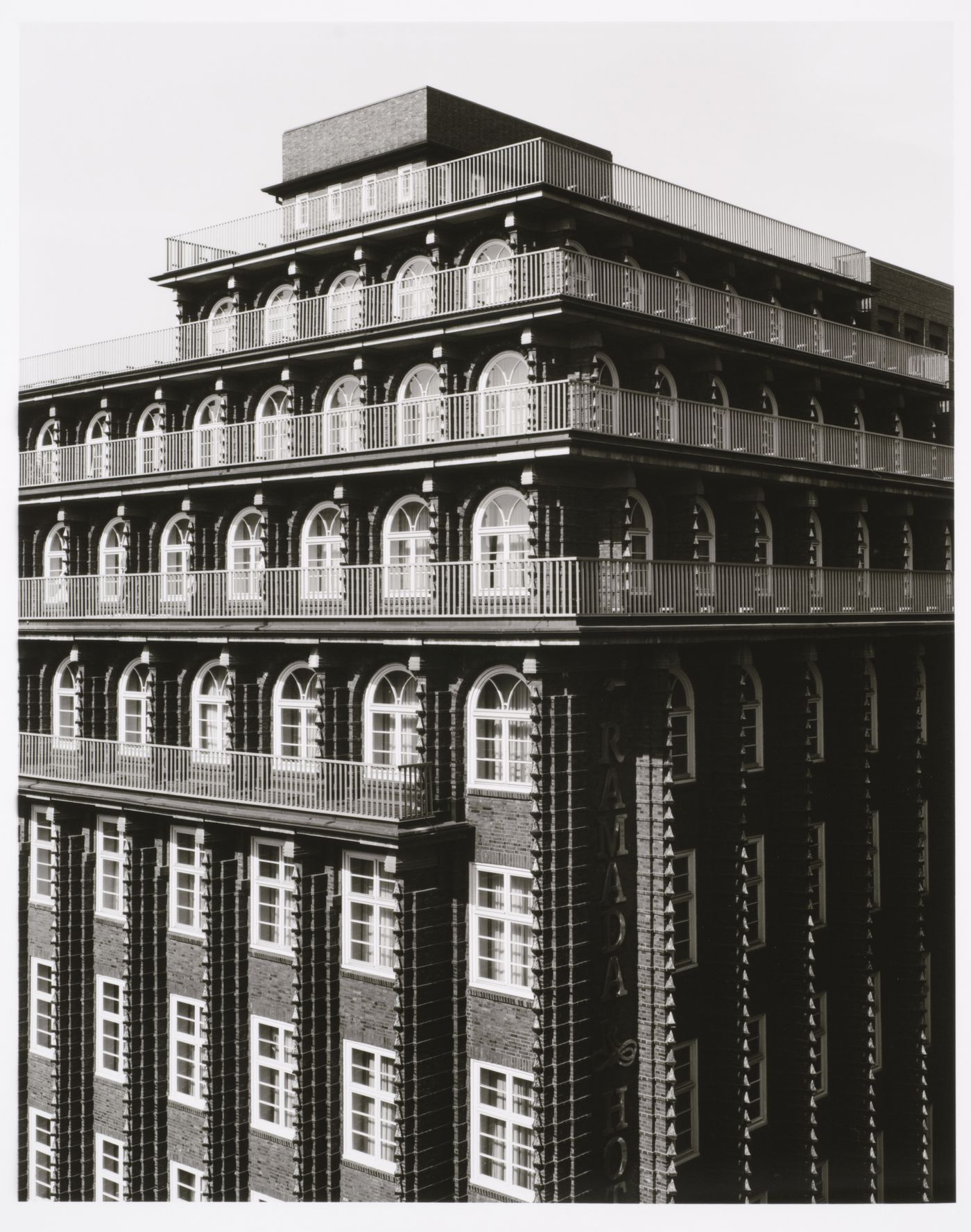 Partial view of the Ramada Hotel (formerly the Broschekhaus) showing the upper floor balconies and roof, Grosse Bleichen 56, Hamburg, Germany