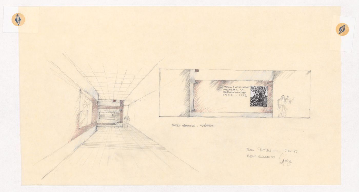 Perspective and elevation for the exhibition design for "Frank Lloyd Wright Designs for an American Landscape 1922-1932" at the Whitney Museum