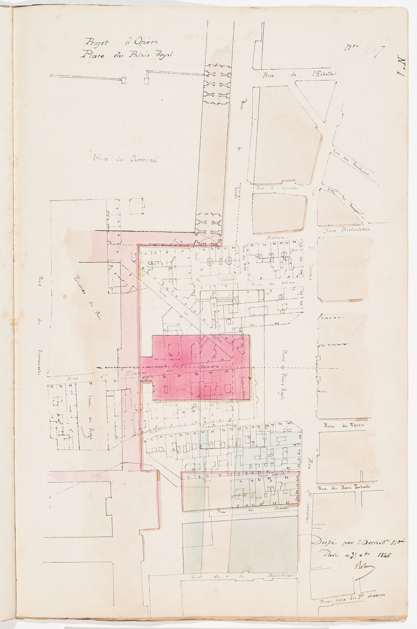 Project no. 7: Site plan for an opera house for the Académie royale de musique, place du Palais Royal and the Louvre; verso: Project no. 8: Site analysis and cost estimate for an opera house for the Académie royale de musique, rue Grange-Batelière