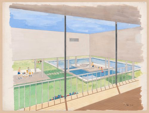 Perspective drawing showing interior court with pool and terrace for Casa en el Parque Pereyra Iraola, Mar del Plata, Argentina