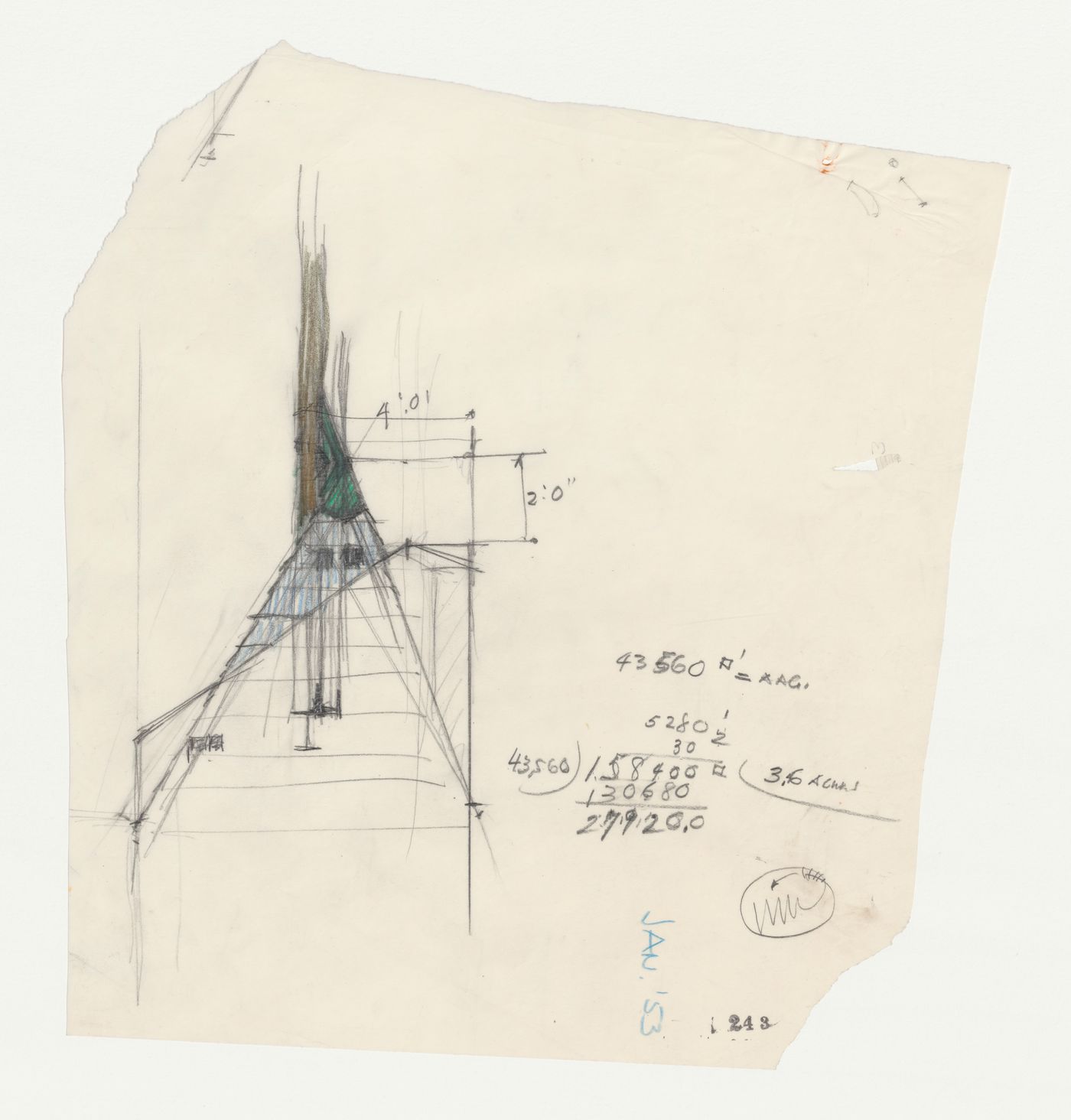 Wayfarers' Chapel, Palos Verdes, California: Sketch elevation for the top of the campanile