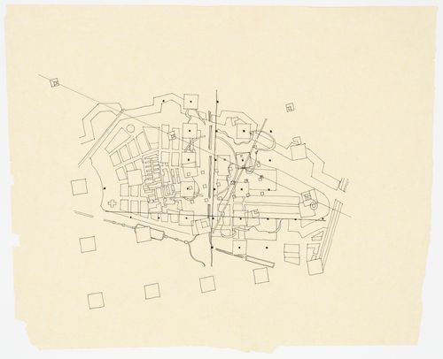 Sketch site plan showing superposition of Cannaregio and La Villette sites with the Cannaregio grid twice as large as the La Villette grid