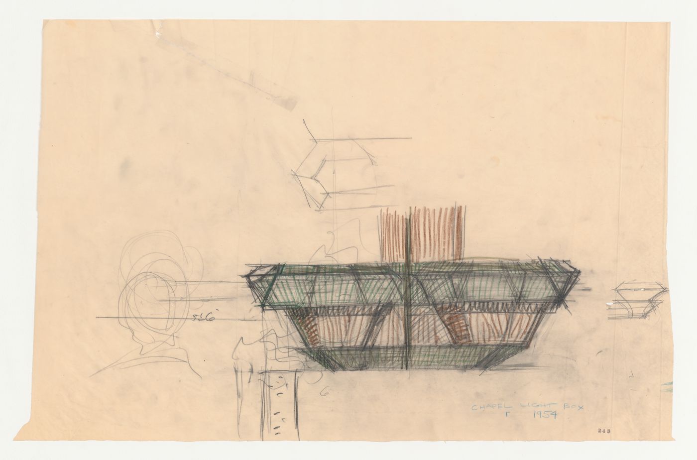Wayfarers' Chapel, Palos Verdes, California: Elevation for a chapel light box for the base of a redwood bent truss