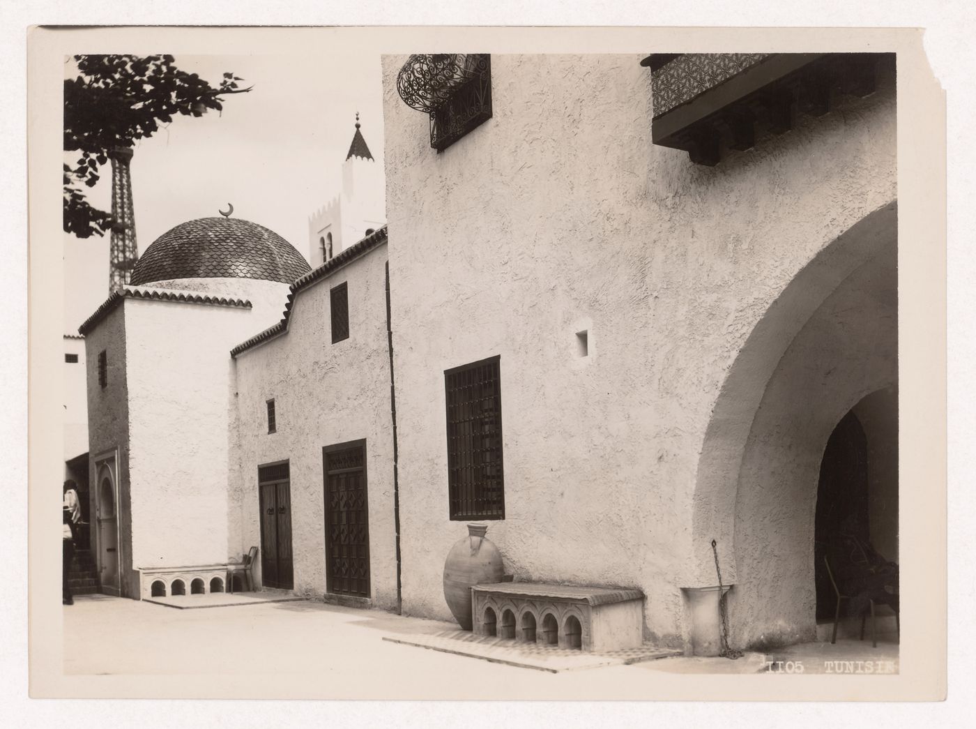 Partial view of Tunisia's pavilion with the Tour Eiffel in the left background, 1937 Exposition internationale, Paris, France