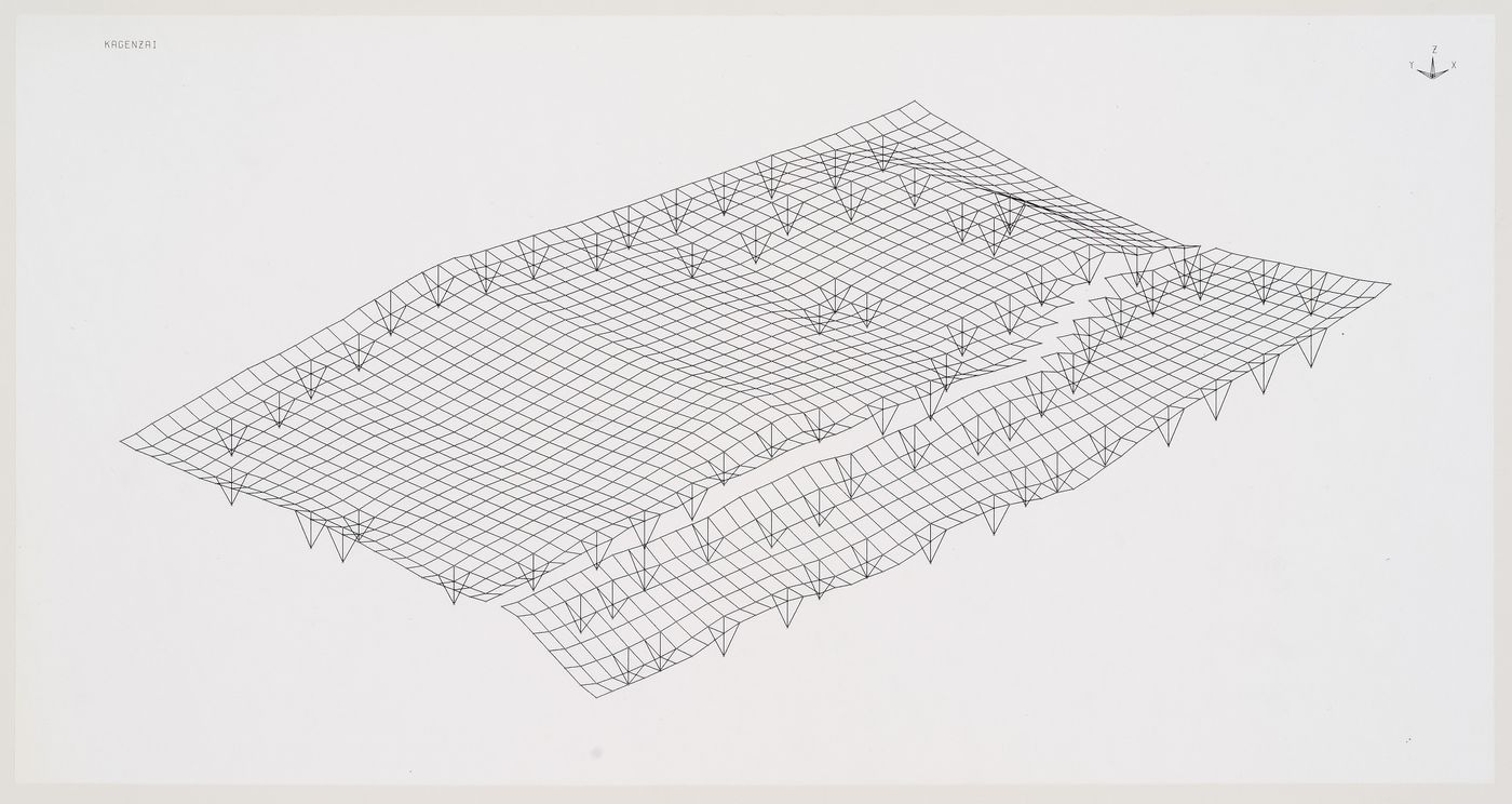 Perspective view of grid formed by lower chords of trusses in space frame, Odawara Municipal Sports Complex, Odawara, Kanagawa, Japan