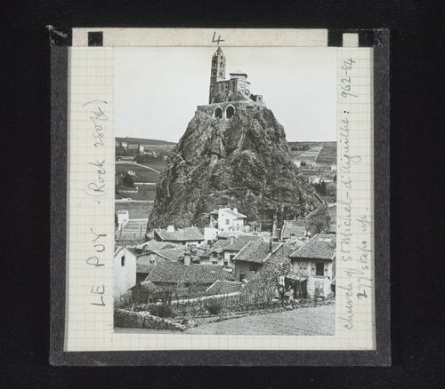 View of church of St Michel d'Aiguilhe, Le Puy, Haute-Loire, France