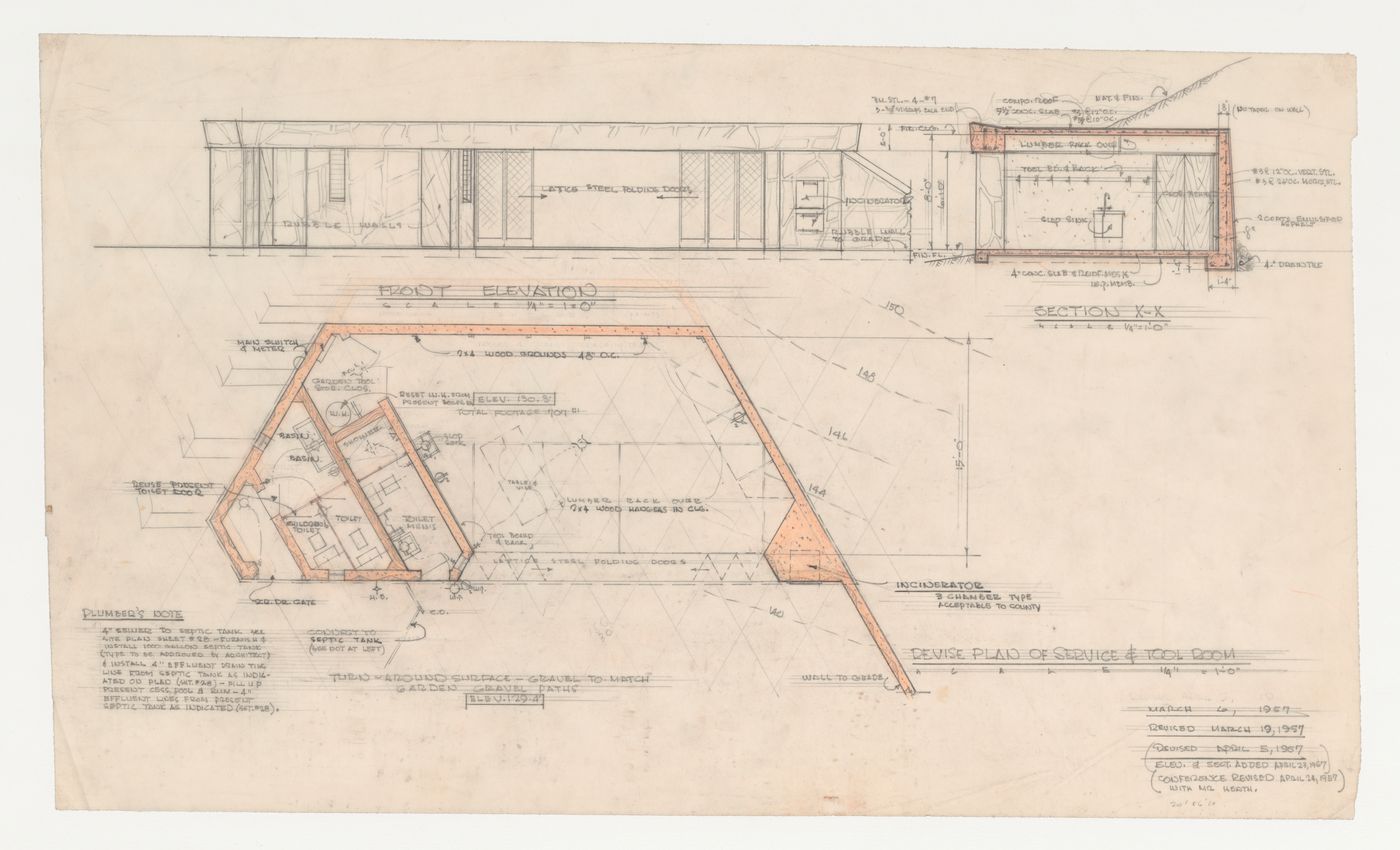 Wayfarers' Chapel, Palos Verdes, California: Plan, elevation and section for rest room and utility room