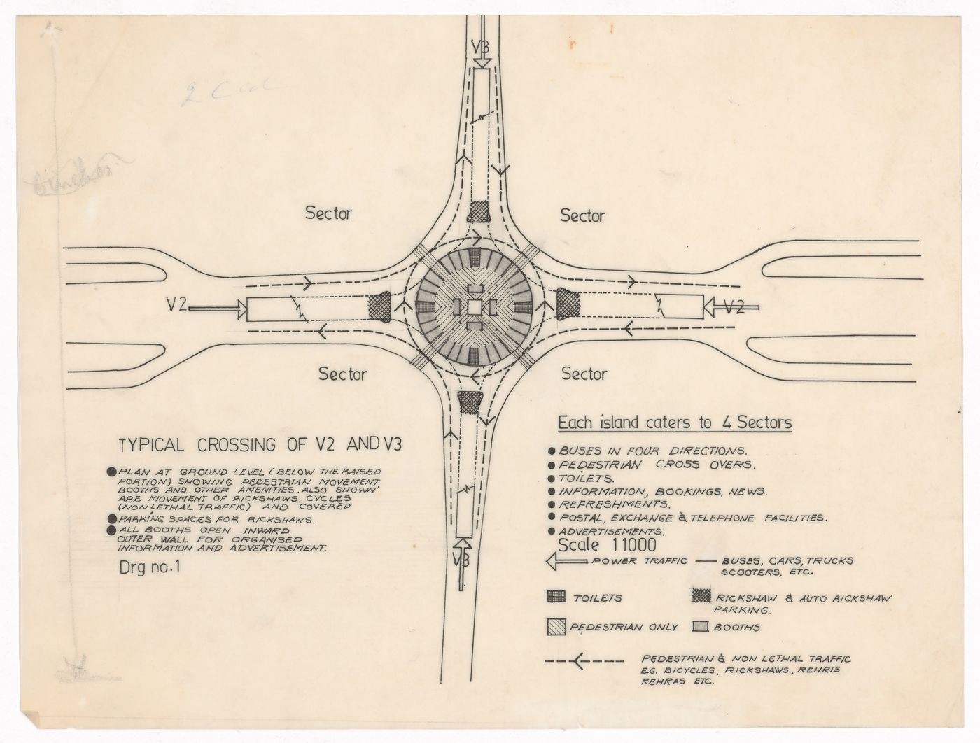 Road plan showing typical crossings of road types V2 and V3 for Linear city, Chandigarh, India

