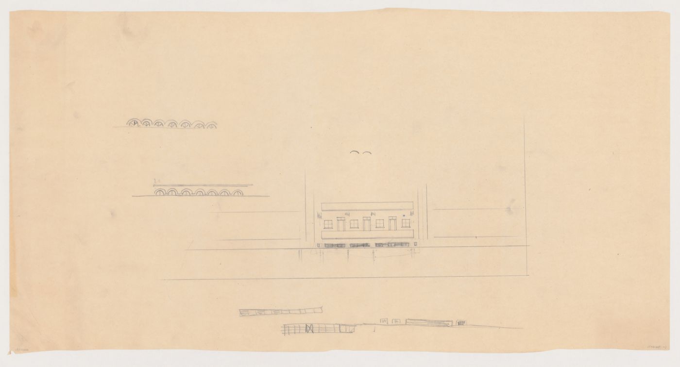 Sketch elevation for windows and doors to a balcony, elevations for exterior ornaments and a doodle, possibly for the Central Savings Bank, Rotterdam, Netherlands