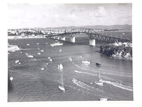 Aerial view of the Auckland Harbour Bridge, over the Waitematā Harbour, Auckland, New Zealand