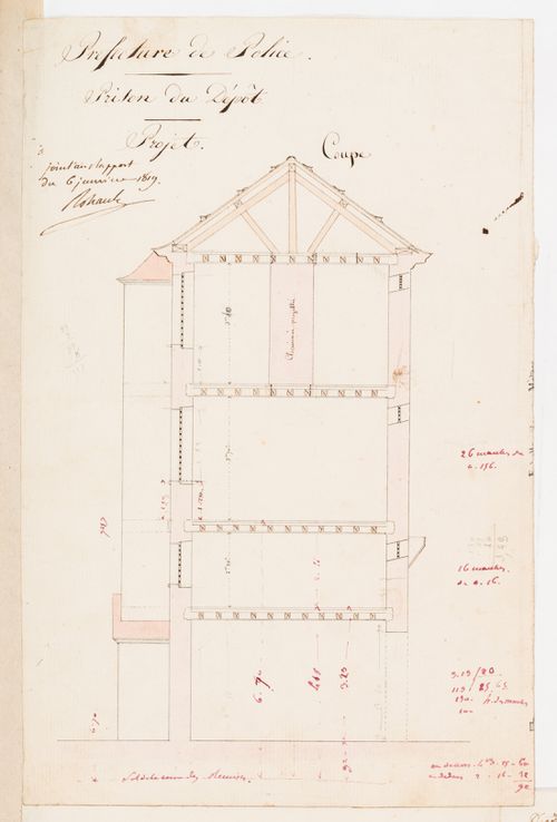 Project for the enlargement of the prison near the Préfecture de police, rue de Jérusalem, Paris: Cross section
