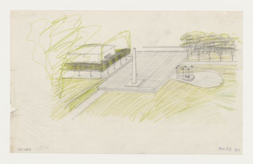 Bird's-eye perspective for the Ceremonial Plaza, Monument Hall, and the Way of the Cross Walkway showing an obelisk, Woodland Crematorium, Woodland Cemetery, Stockholm, Sweden