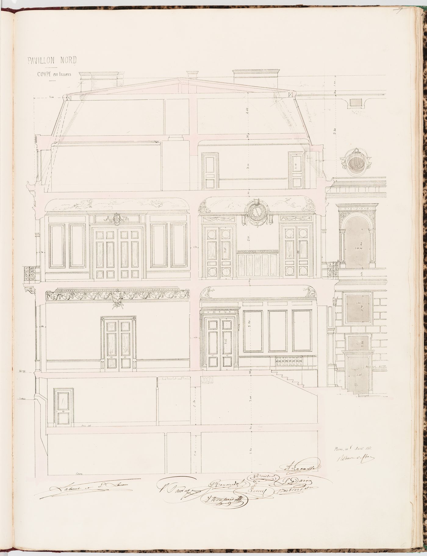 Cross section through the "pavillon nord", including a partial elevation for the entrance façade, Hôtel Sauvage, Paris