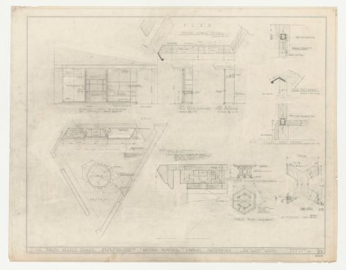 Wayfarers' Chapel, Palos Verdes, California: Plan and interior elevation for the vestry showing cabinetry, and plan, elevations, sections and details for vestry furniture