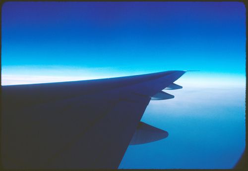 Airplane wing on a flight to Paris