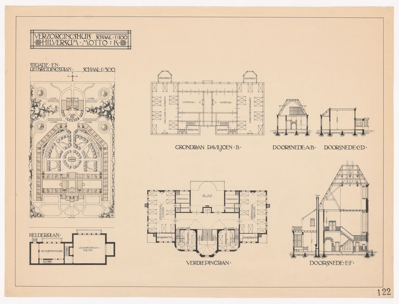 Competition drawing showing a site plan, plans and sections for a retirement home, Hilversum, Netherlands