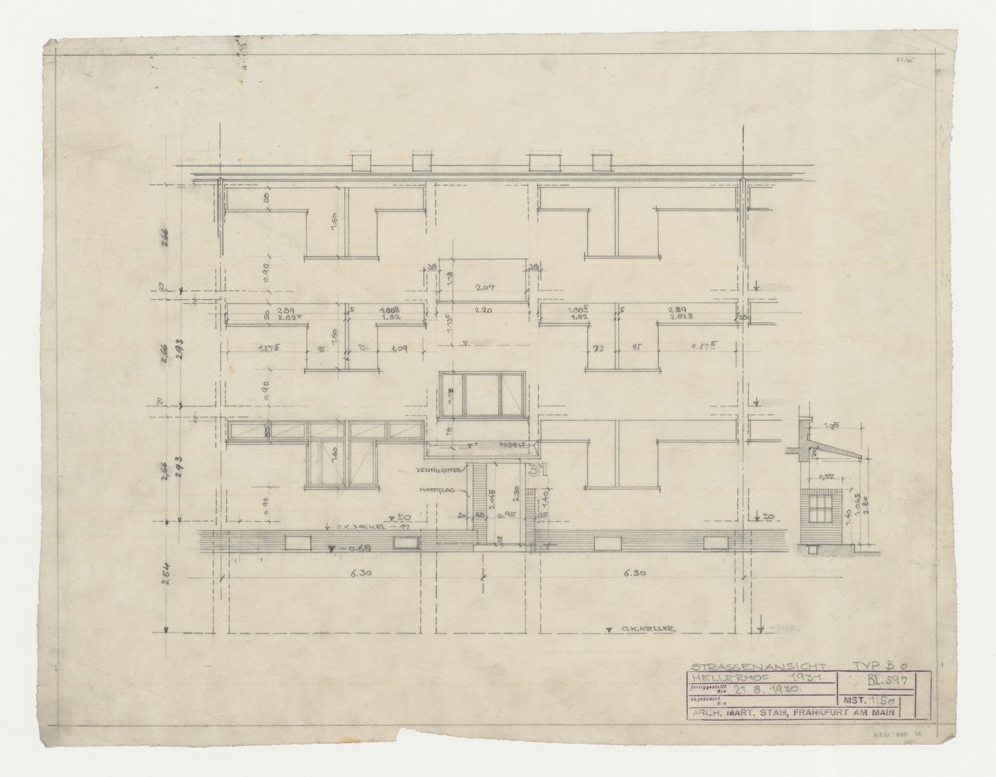 Street elevation for type BO housing units, Hellerhof Housing Estate, Frankfurt am Main, Germany