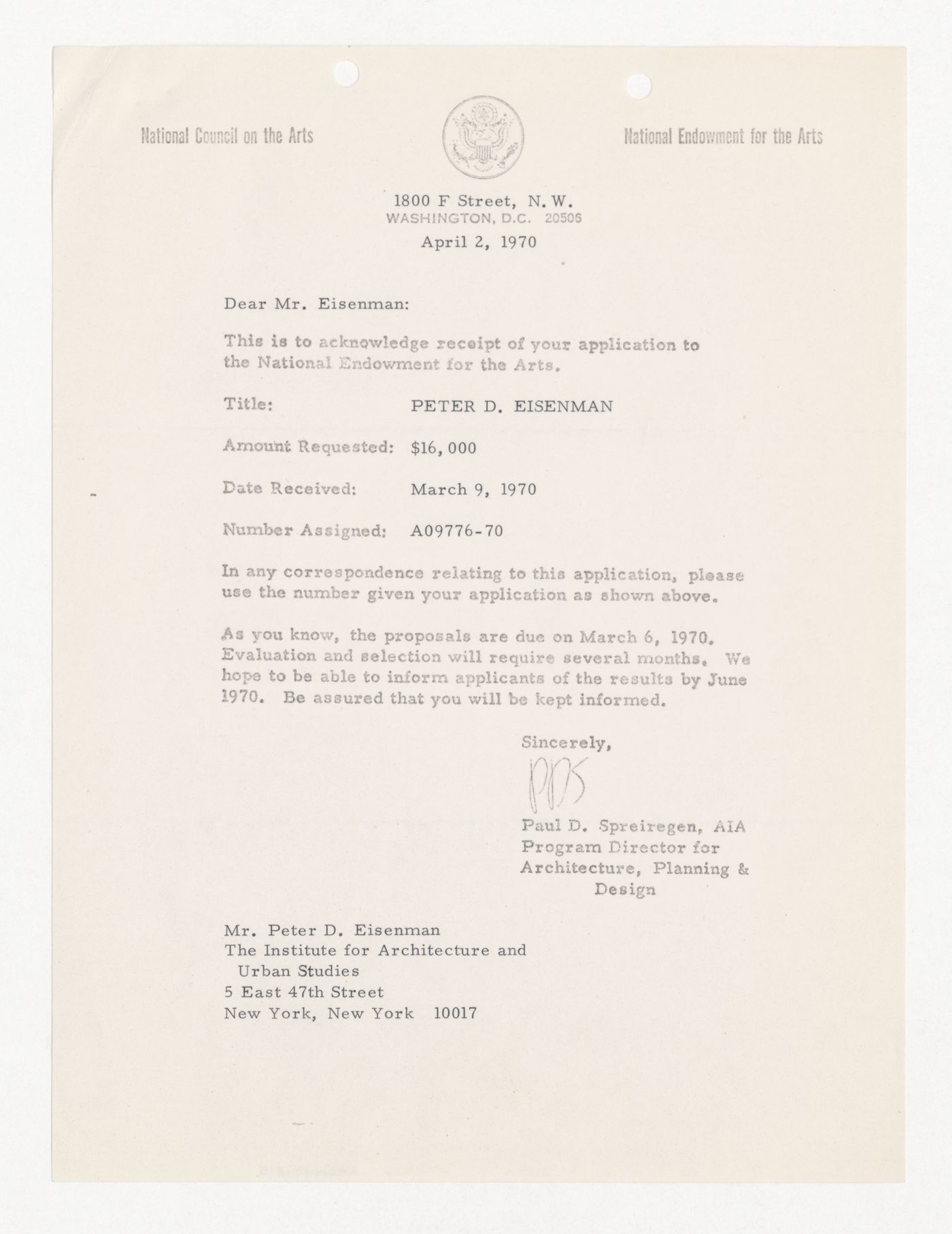 Letter from Paul D. Spreiregen to Peter D. Eisenman acknowledging receipt of grant application by the National Endowment for the Arts (NEA)