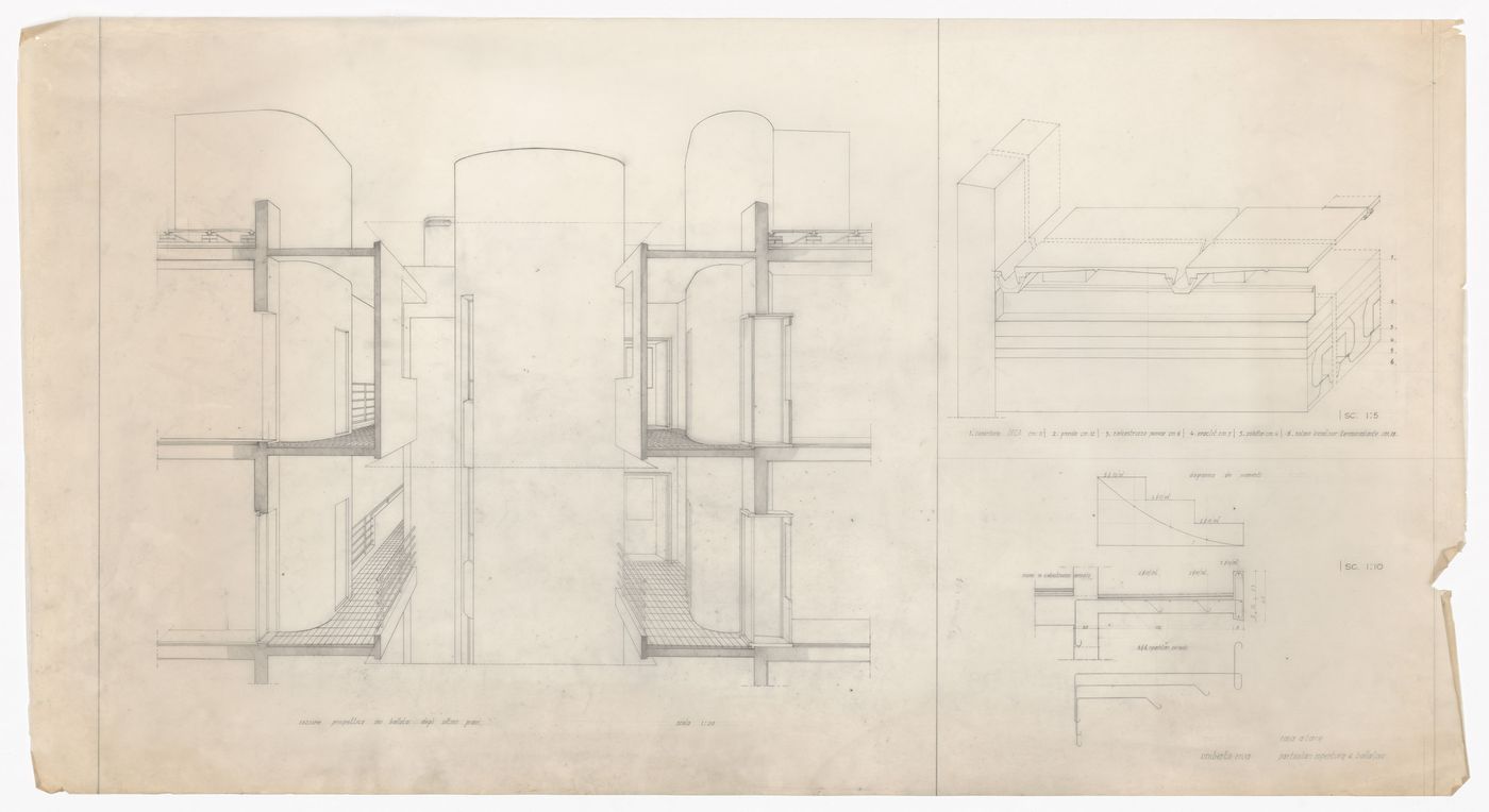 Balcony and roofing perspective sections and detials for Casa a torre, Italy