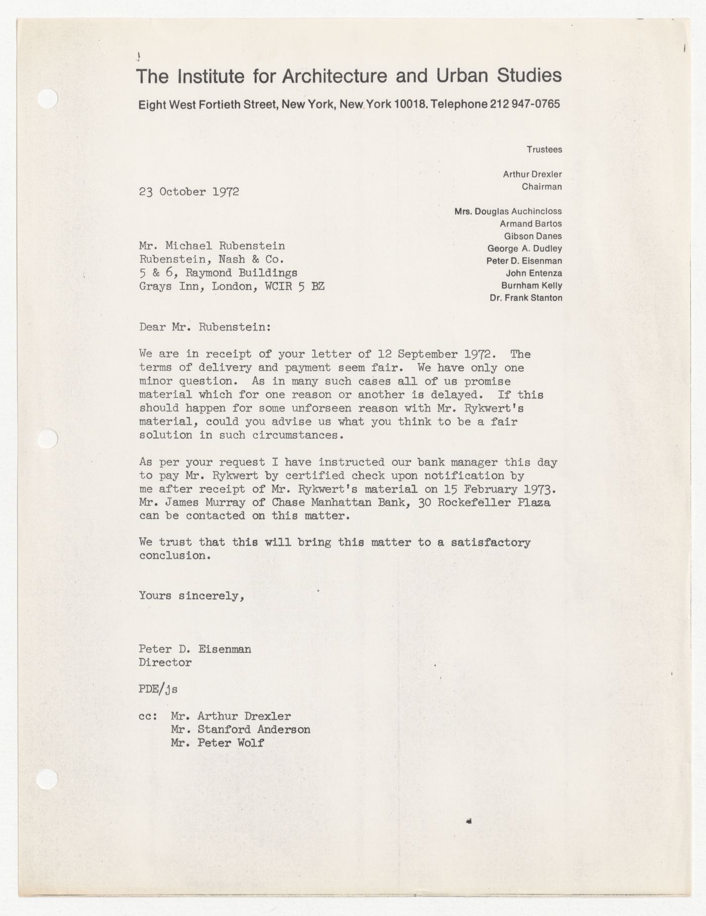 Letter from Peter D. Eisenman to Michael Rubenstein confirming a payment received