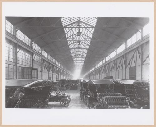 Interior view of a warehouse showing Model-T cars, Highland Park Plant (now abandoned), Ford Motor Company, Highland Park, Michigan