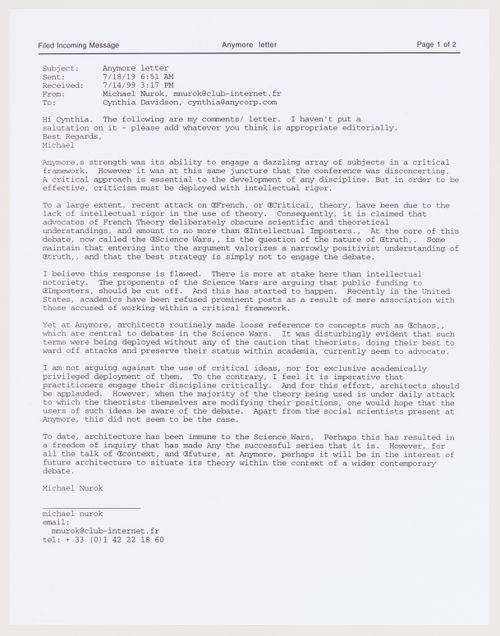 Letter from Michael Nurok to Cynthia Davidson