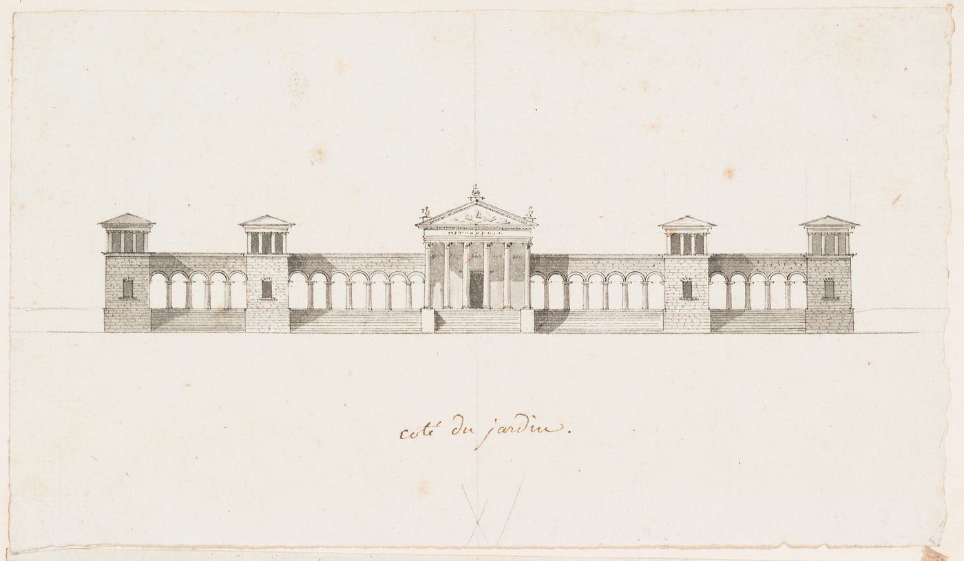Site plan, plan and elevations for two alternate designs for a college; verso: Plan for a hospital